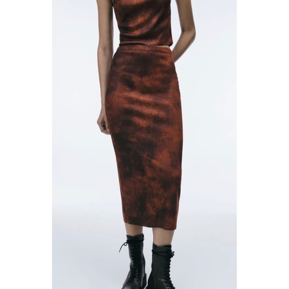 Zara Womens Rust Brown Acid Wash Knit Midi Skirt High Waist Small - Picture 3 of 6